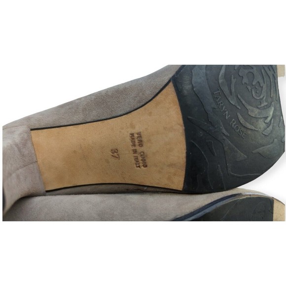 Taryn Rose Gray Flower Suede Pumps Peep Toe Chunky Heel Leather Rose Heels 37 - Picture 6 of 11